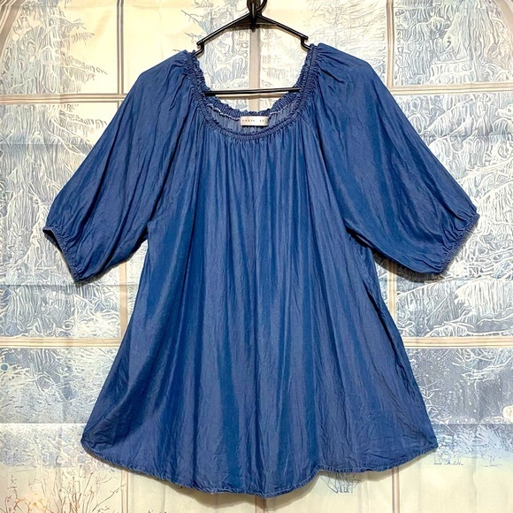 Retrology Womens 2X Blue Chambray Off Shoulder 3/4 Sleeve Peasant Top - Picture 1 of 4